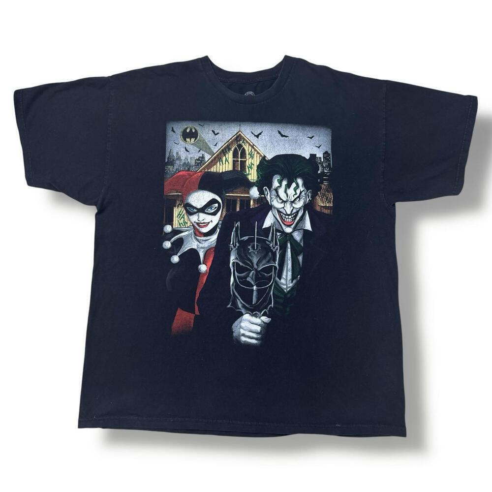 Y2K DC Comics Joker Harley Quinn T-Shirt Black Batman Graphic Tee Size XL VTG